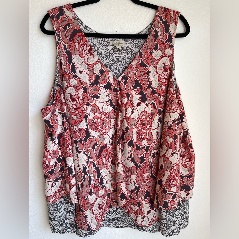 Lucky Brand Red and Cream Floral Tank with V-Neck Size 2X - Picture 2 of 9